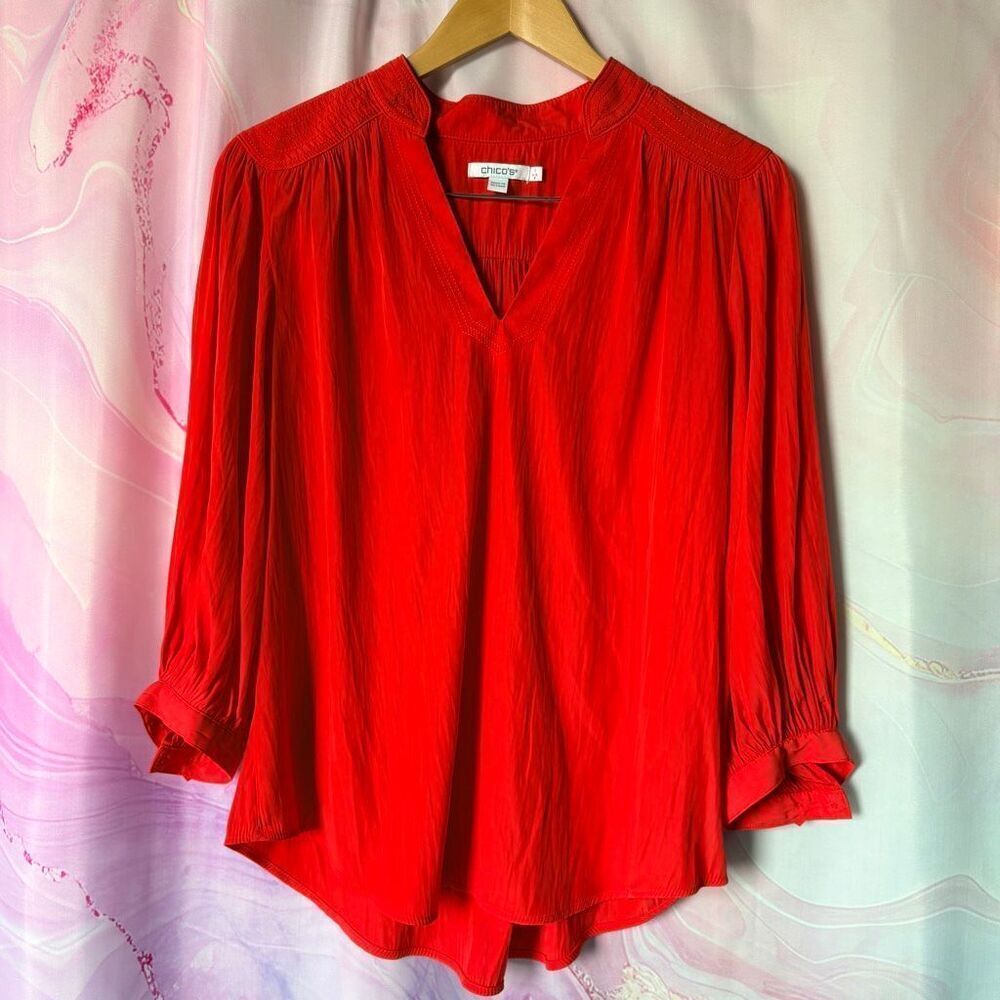 Chico's V-neck Flowy 3/4 Sleeve Red Orange Blouse 8 Preppy Classic Retro Chic